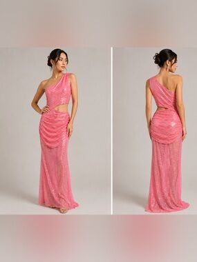 Luxxel Neon Pink Sequin One Shoulder Cutout Maxi Dress NWT S M